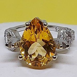 Genuine Citrine & Cz White Gold Plate on 925 Sterling Silver Ring Sz 6.0